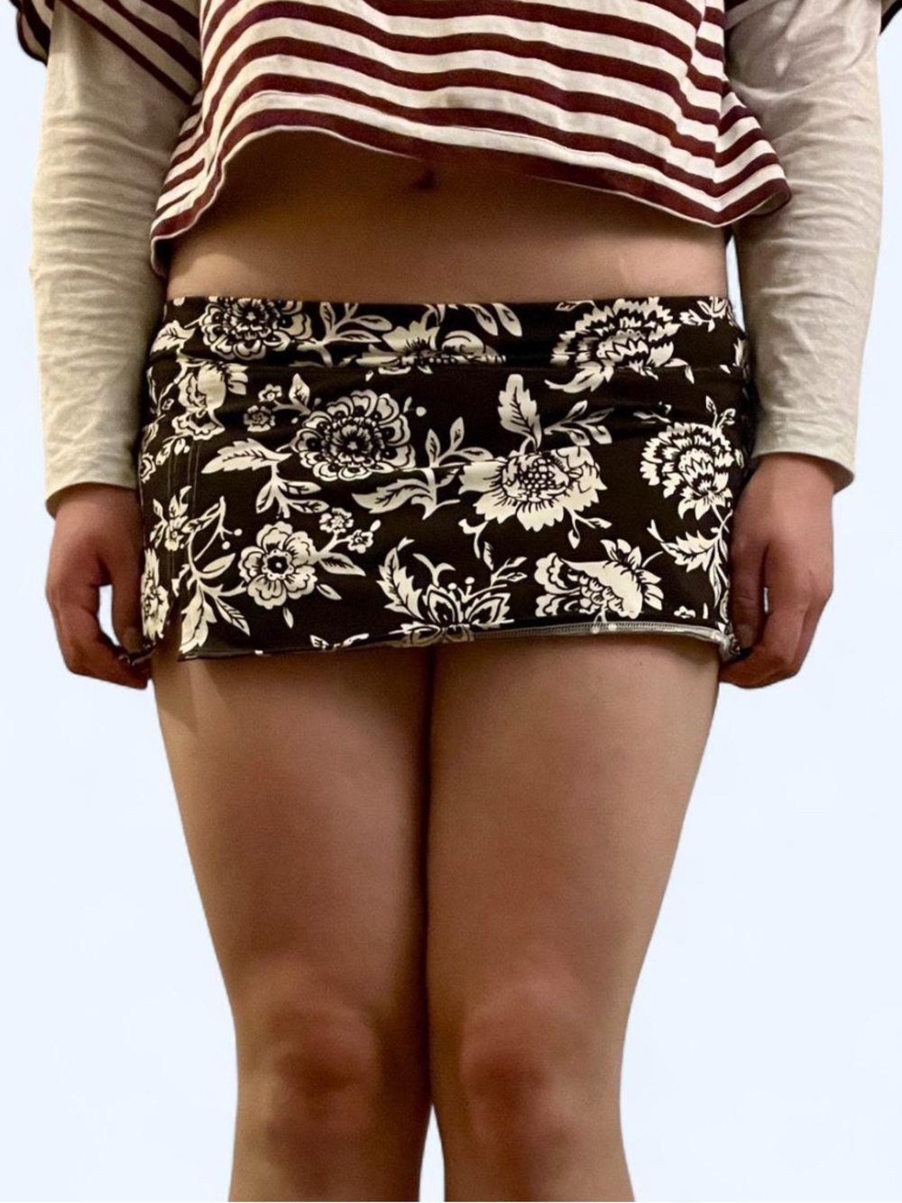 Floral Print mini bikini swim skirt- Brown & White